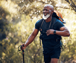 Image showing Fitness, hiking and walking with black man in forest for freedom, health and sports training. Exercise, peace and wellness with senior hiker trekking in nature for travel, summer break and adventure