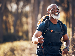 Image showing Fitness, hiking and smile with black man in forest for freedom, health and sports training. Exercise, peace and wellness with senior hiker trekking in nature for travel, summer break and adventure