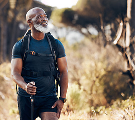 Image showing Hiking, black man and travel adventure in nature forest for trekking, fitness and cardio exercise. Senior person with backpack thinking and walking outdoor in woods for travel, health and wellness