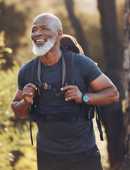 Image showing Senior black man hiking in nature for walking fitness, retirement wellness and carbon footprint travel journey in forest. Happy hiker or camper person trekking in woods with health journey and cardio