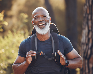 Image showing Senior black man hiking in nature for outdoor discovery, fitness walking and forest travel journey. Happy hiker person trekking in woods for retirement health, cardio wellness and camper holiday