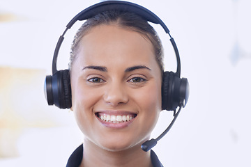 Image showing Call center, portrait and happy woman, consultant or agent in customer support, virtual communication and consulting service. Young advisor, telecom person or friendly crm worker face in a headset