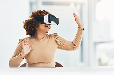 Image showing VR, happy and woman with glasses for a connection, digital project and system. Touching, ai and smiling business employee working with an interactive, futuristic and virtual reality program online