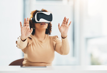 Image showing VR, metaverse and corporate woman in the office planning a digital project with a headset. Virtual reality, 3d and professional female employee designing a graphic company report in the workplace.