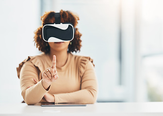 Image showing Virtual reality, user interface and black woman with finger for cyber app, interactive website and metaverse. Technology, vr headset and hand of girl for futuristic internet, ux network and ai design