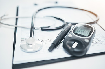 Image showing Stethoscope, medical and diabetes equipment with and clipboard for checklist, documents or healthcare. Medicine, research and information with paperwork for life insurance, analysis or consulting