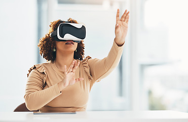 Image showing VR, touching and woman with glasses for a simulation, digital project and system. Business, ai and employee in corporate working with an interactive, futuristic and virtual reality program online