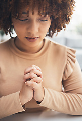 Image showing Religion, faith and female praying in her home for support, help and spiritual healing from god. Worship, gratitude and christian woman saying a prayer for forgiveness, compassion or grace at a house