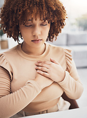 Image showing Black woman, breathing exercise and stress mindfulness of a remote worker doing meditation. Breathe, heart rate awareness and meditating young female try to relax with zen activity in a house