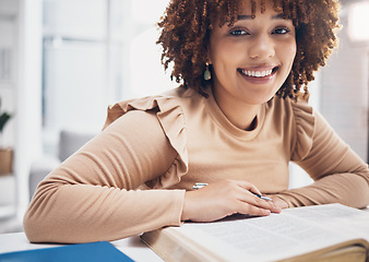 Image showing Smile, prayer and portrait of black woman with bible for happy, worship and christian religion. Faith, God and praying with girl reading holy book at home for belief, spirituality and respect