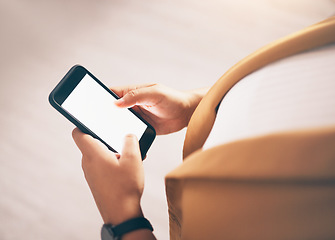 Image showing Hands, phone and search with a business woman typing a text message from above for communication or networking. Contact, mobile and app with a female employee checking a schedule or internet calendar