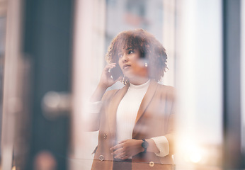 Image showing Window, phone call and black woman with conversation, serious or business owner with concern. Glass, African American female leader or manager with smartphone, communication or connection with stress
