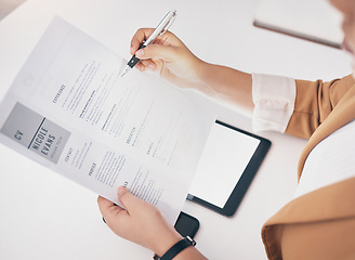 Image showing Hands, cv paper and check at office with black woman, hr expert or question at desk for recruitment. Human resources, documents or choice for hiring, opportunity or job for future employee at company