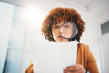 Image showing Black woman, magnifying glass and office for search at documents, hr expert or focus for recruitment. Human resources, manager and paper inspection for hiring, opportunity and job for future employee