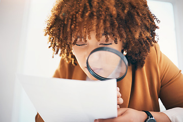 Image showing Black woman, magnifying glass and office for inspection with documents, hr recruitment and focus. Human resources expert, manager and paper research for hiring, opportunity or job for future employee