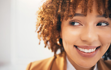 Image showing Corporate black woman, headshot and smile with beauty, vision or ideas for small business with happiness. Young executive, entrepreneur and gen z leader with thinking, happy or excited face at pr job