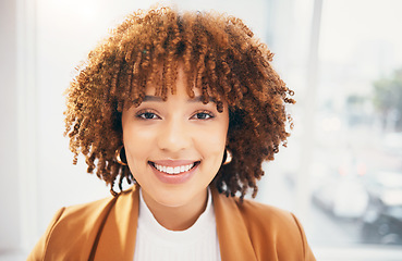 Image showing Office, smile and portrait of business black woman in office excited for working, startup career and job. Leadership, success and face of female worker with happy mindset, attitude and company pride