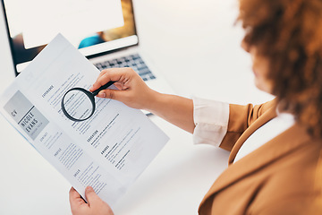 Image showing Hands, cv paper and magnifying glass at hr office with black woman, recruitment or focus at desk. Human resources, documents or zoom for hiring, opportunity or job for future employee with inspection