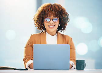Image showing Business, black woman and laptop with glasses reading or typing email online in office. Entrepreneur person smile at desk with technology and bokeh mockup space for career research and data analysis