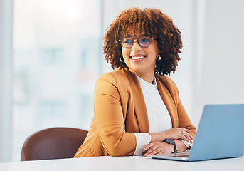 Image showing Black woman at office, glasses on face with smile and thinking of future of corporate in South Africa. Happy young African person with mockup at work, confident in career and professional job