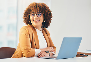 Image showing Happy, laptop and smile with black woman in office for research, email and networking. Internet, technology and corporate with employee working at desk for online, information and confident