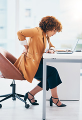 Image showing Black woman in business with back pain, burnout and stress, stiff muscle from spine injury and overworked. Female worker at desk, corporate and medical emergency with health problem and strain