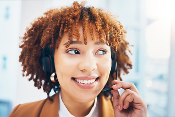 Image showing Black woman, call center and support with microphone for customer service, sales or crm in office. Face of consultant or agent person in telemarketing, contact us or help desk with smile and thinking