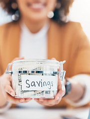 Image showing Closeup, cash and savings with black woman, jar and finance for future, vacation and budget. Money, hands and African American female with expenses, financial and profit for investing or growth