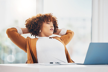 Image showing Business, black woman in office and tired with deadline, sleeping and fatigue with new project. African American female employee, entrepreneur and leader exhausted, resting or overworked in workplace