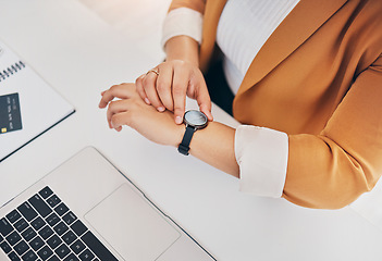 Image showing Woman, business and hands, check watch with schedule and clock, laptop and desk with appointment. Professional female, time management and calendar with scheduling, corporate employee and punctual