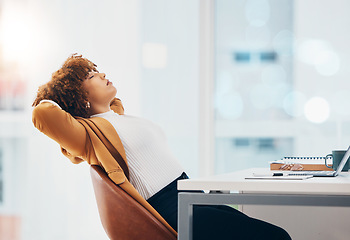 Image showing Relax, business and a black woman finished with tasks in the office, resting or breathing at her desk. Success, peace and calm with a female employee relaxing after a job well done or completed