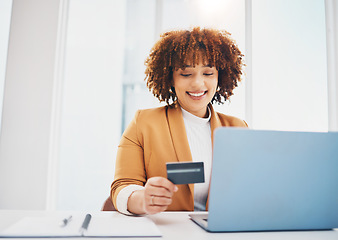 Image showing Black woman, laptop and office with credit card for e-commerce or shopping on web with smile for cybersecurity. Corporate executive, computer and ecommerce for retail, discount and fintech at desk