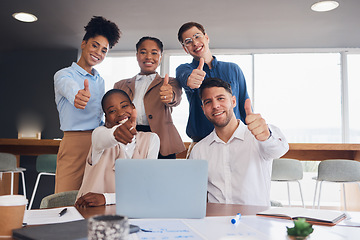 Image showing Business people, laptop and meeting with thumbs up for success, good job or teamwork planning at office. Group of creative employees by computer showing thumb emoji, yes sign or like for startup