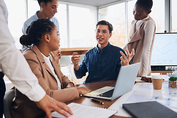 Image showing Business people, laptop and meeting idea in planning for collaboration or marketing strategy at office. Group of creative employees by computer discussing project, teamwork or brainstorming startup