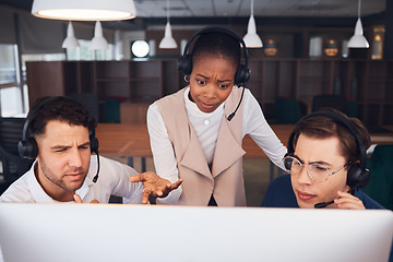 Image showing Call center, confused team with problem solving and support, diversity in customer service group with computer glitch. CRM, phone call and people with black woman leader and contact us, 404 and help