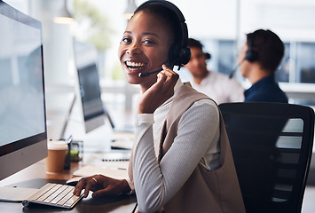 Image showing Black woman, call center and portrait smile by computer for telemarketing, customer service or support at office. Happy friendly African female consultant smiling for desktop help, sale or contact us