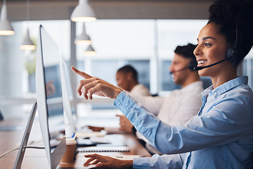 Image showing Call center, customer service and help with a black woman consultant working in her communication office. Contact us, telemarketing and consulting with a female employee at work using a headset