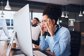 Image showing Stress, call center and woman in office with glitch, 404 or internet delay while working in customer support. Telemarketing, fail and girl with anxiety, mistake or frustrated while consulting in crm