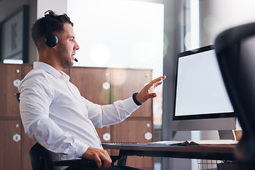 Image showing Man, call center and consulting on computer mockup for telemarketing, advertising or customer support at office. Male consultant explaining digital marketing or web service in desktop communication