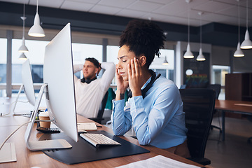 Image showing Burnout, call center and black woman with headache in office while consulting in crm or customer service. Stress, glitch or 404 by girl consultation with problem, frustrated or fail in online support