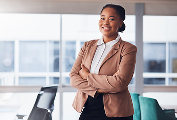 Image showing Black woman, business and portrait with a smile in office with pride for career or job as leader. Young entrepreneur person happy about growth, development and mindset to grow startup company