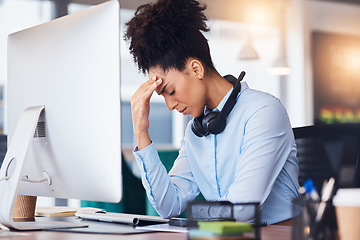 Image showing Headache, customer support and black woman with stress in crm service, online support and computer problem. Burnout, telemarketing and female consultant with tired, frustrated and anxiety with client