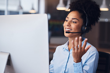 Image showing Call center, customer service and b2b with a black woman consultant working in her communication office. Contact us, telemarketing and consulting with a female employee at work using a headset