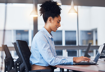 Image showing Laptop, flare and review with a business black woman typing an email or report while sitting in the office boardroom. Computer, internet and networking with a female employee working on an appraisal