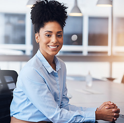 Image showing Black woman, business face and portrait in office with pride for career or job as leader. Young entrepreneur person happy about growth, development and mindset to grow corporate company at desk