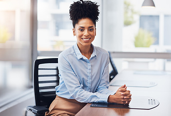 Image showing Black woman, business and smile portrait at desk in office with pride for career or job as leader. Young entrepreneur person happy about growth, development and mindset to grow corporate company