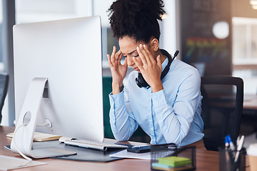 Image showing Headache, stress and business black woman at desk with computer problem, head pain and fatigue in office. Burnout, mental health and female worker tired, frustrated and overworked with migraine
