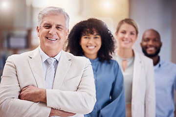 Image showing Portrait of proud business people and manager in career diversity. leadership and happy employees management. Senior boss, executive or ceo and black people for internship, hiring and corporate smile