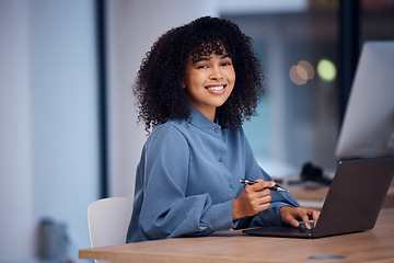 Image showing Happy, working and portrait of a black woman on a laptop for email, connection and internet. Business, smile and employee typing on a computer for online work, project and freelancing in office