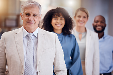 Image showing Teamwork, queue and portrait of business people with leadership, partnership and cooperation. Success, happy and corporate employees in a row for support, executive collaboration and group solidarity